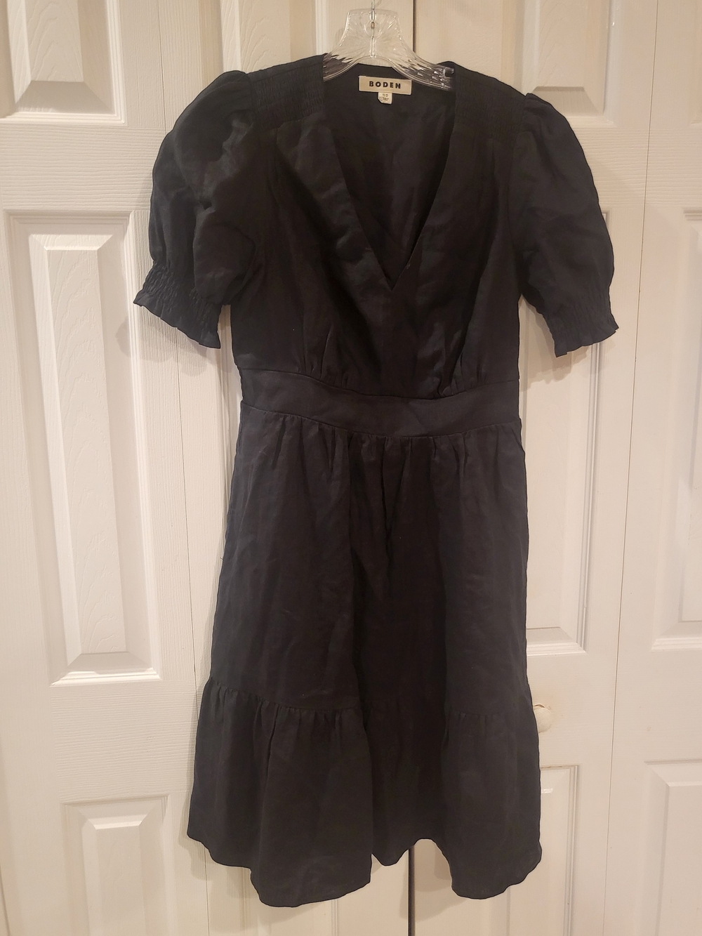 Boden Eve Black 100% Linen Tiered Puff Sleeve Midi Dress Size 8L Long